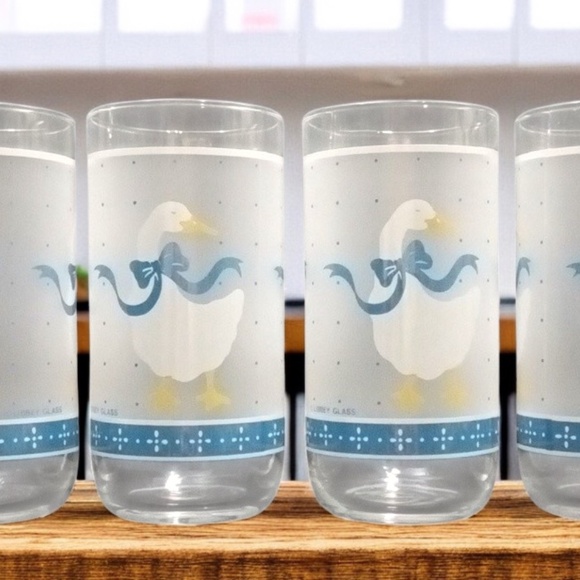 Set 4 Libby Frosted Drinking Glasses Cottagecore Goose Duck Blue Ribbons VTG 6" - Picture 4 of 13